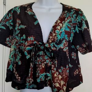 Blouse Free People gauze waffle croo floral dark chocolate brown kimono 66170